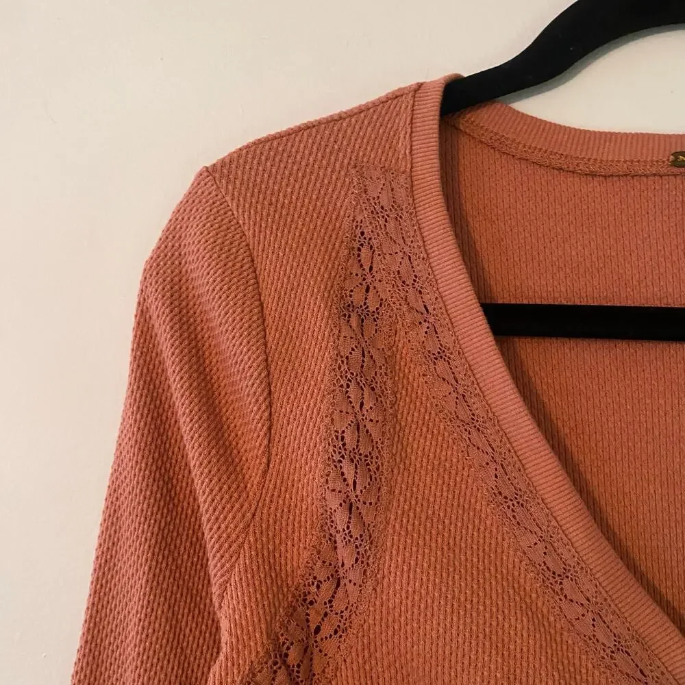 Free People Dusty Pink Romantic Lace V-neck Long Sleeve Top Rouched Women Small